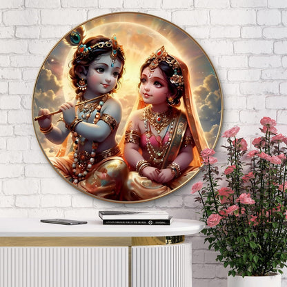 Baby Radha Krishna Round Art Print with Golden Frame | Cute Divine Flute HD Art Print for Pooja Room Kids Room Living Room 16 Inch x 16 Inch