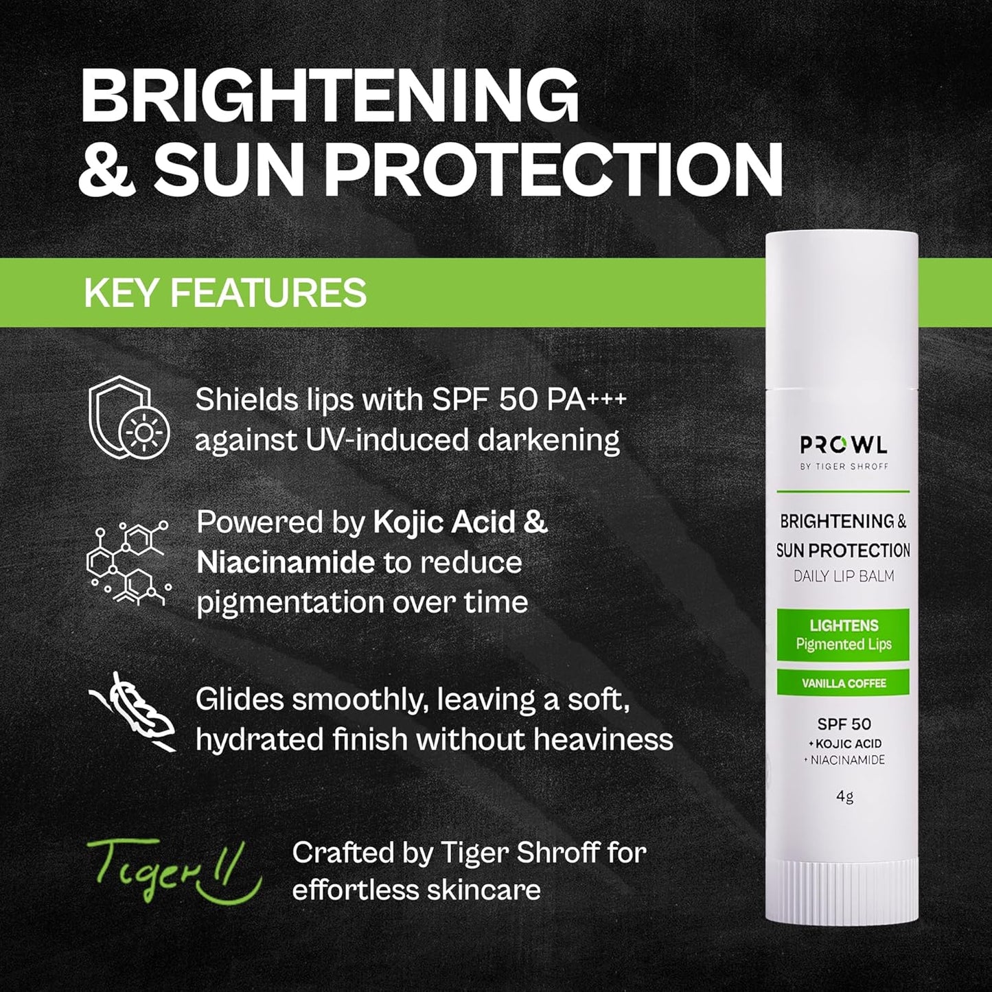 PROWL by Tiger Shroff SPF 50 PA+++ Lip Balm For Men with Kojic Acid | Lipbalm For Moisturising Brightening Dark Lips & Lightening Pigmented Dry Lips | Pigmentation Removal Care | Vanilla Coffee, 4g