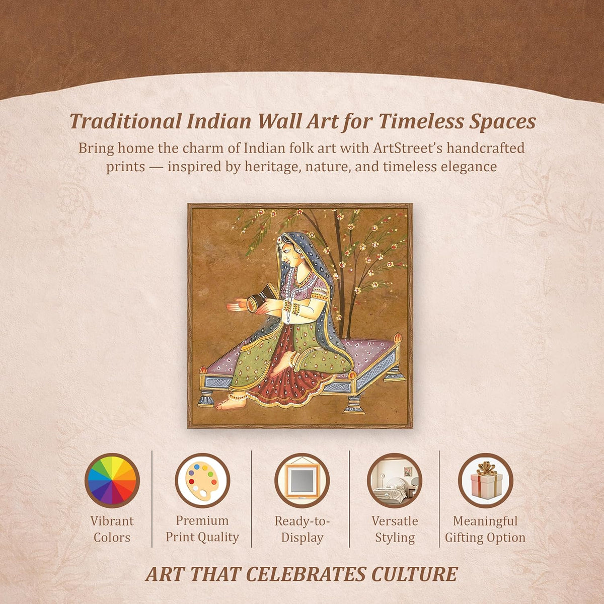 Indian Folk Framed Painting For Living Room | Traditional Ragamala Large Canvas Painting With Frame Wall Art For Bedroom, Hallway's, Office, Hotel, Size 58x58 cm