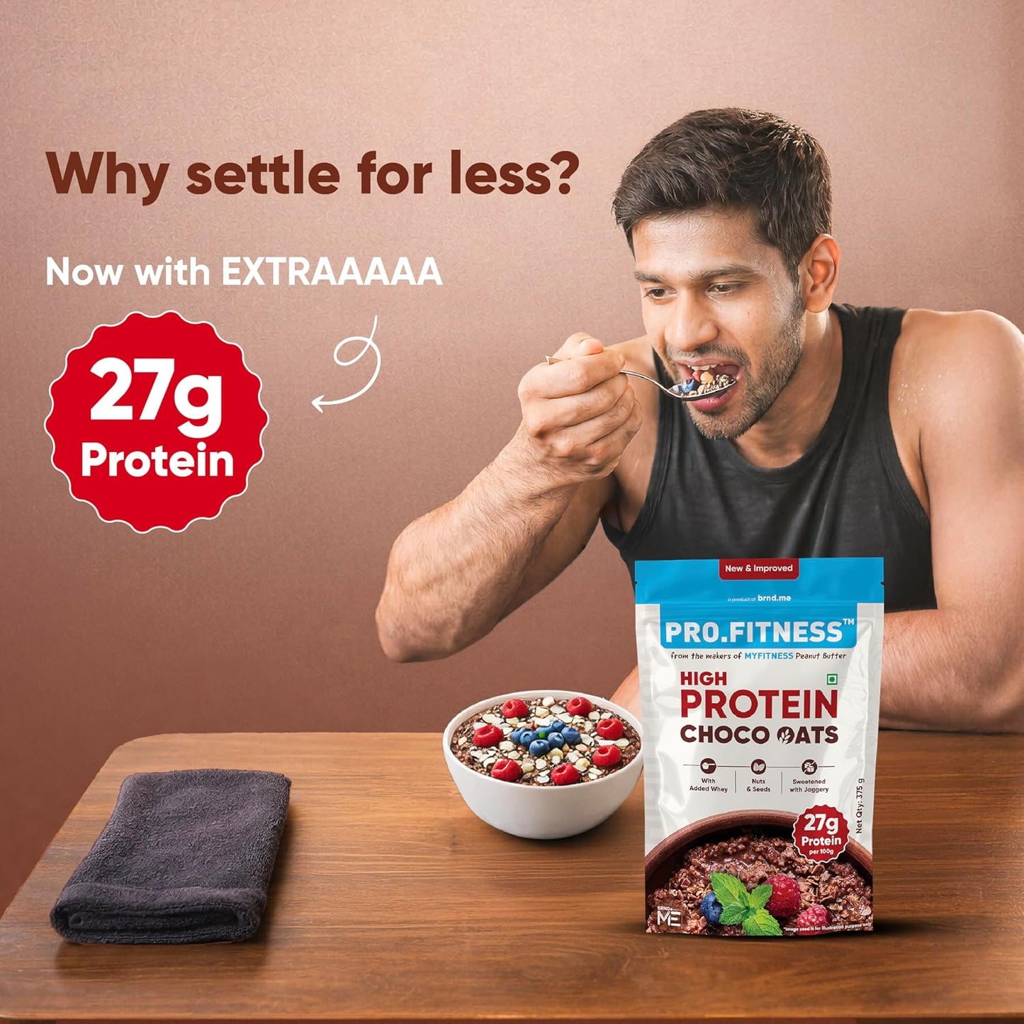 Pro.Fitness 27g High Protein Oats (By MyFitness) | Dark Chocolate Oats with Almonds, Pumpkin Seeds and Raisin | Chocolate Rolled Oats with Jaggery - No Refined Sugar | Breakfast Cereals