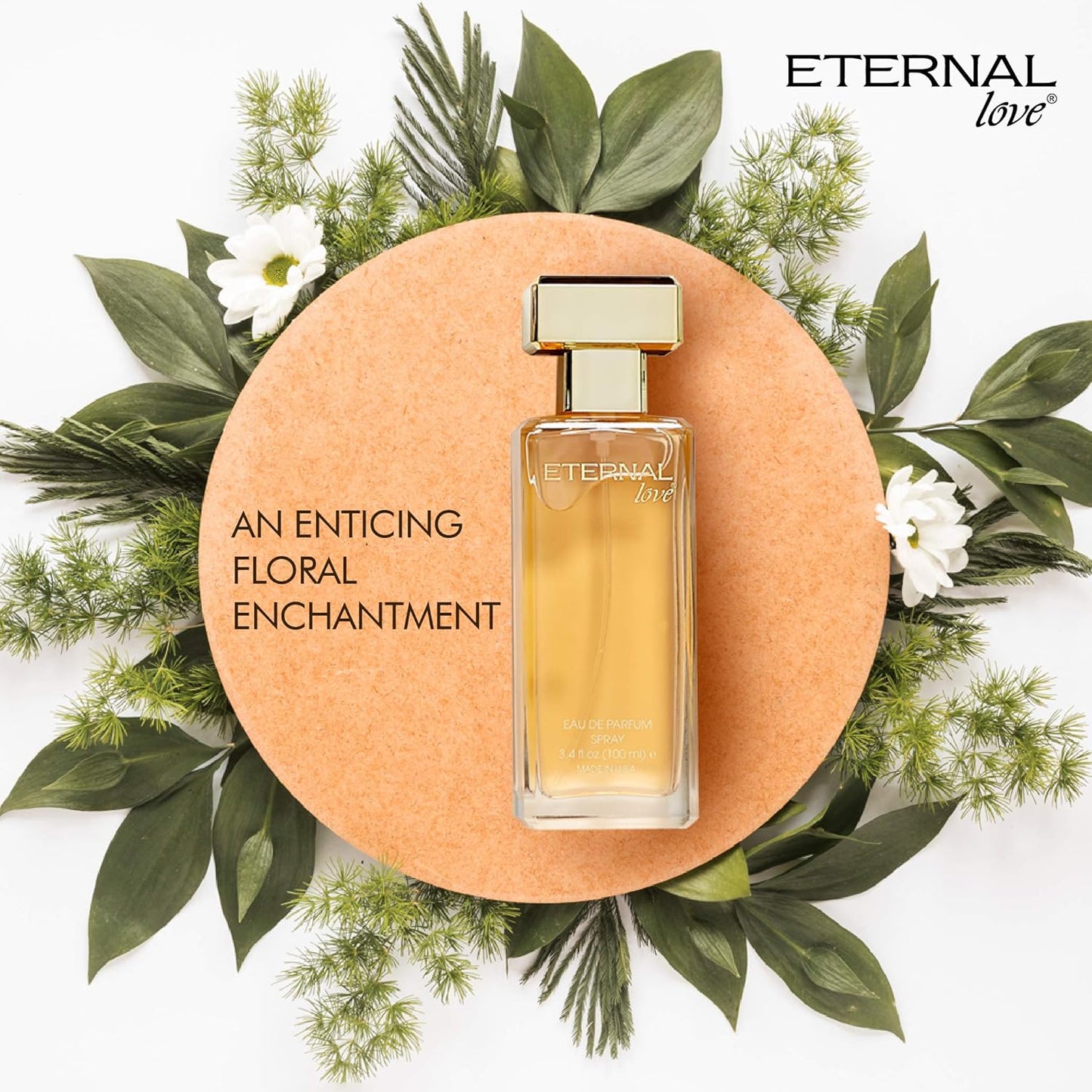 Perfume bottle labeled 'Eternal Love' surrounded by green leaves and flowers on a white background.