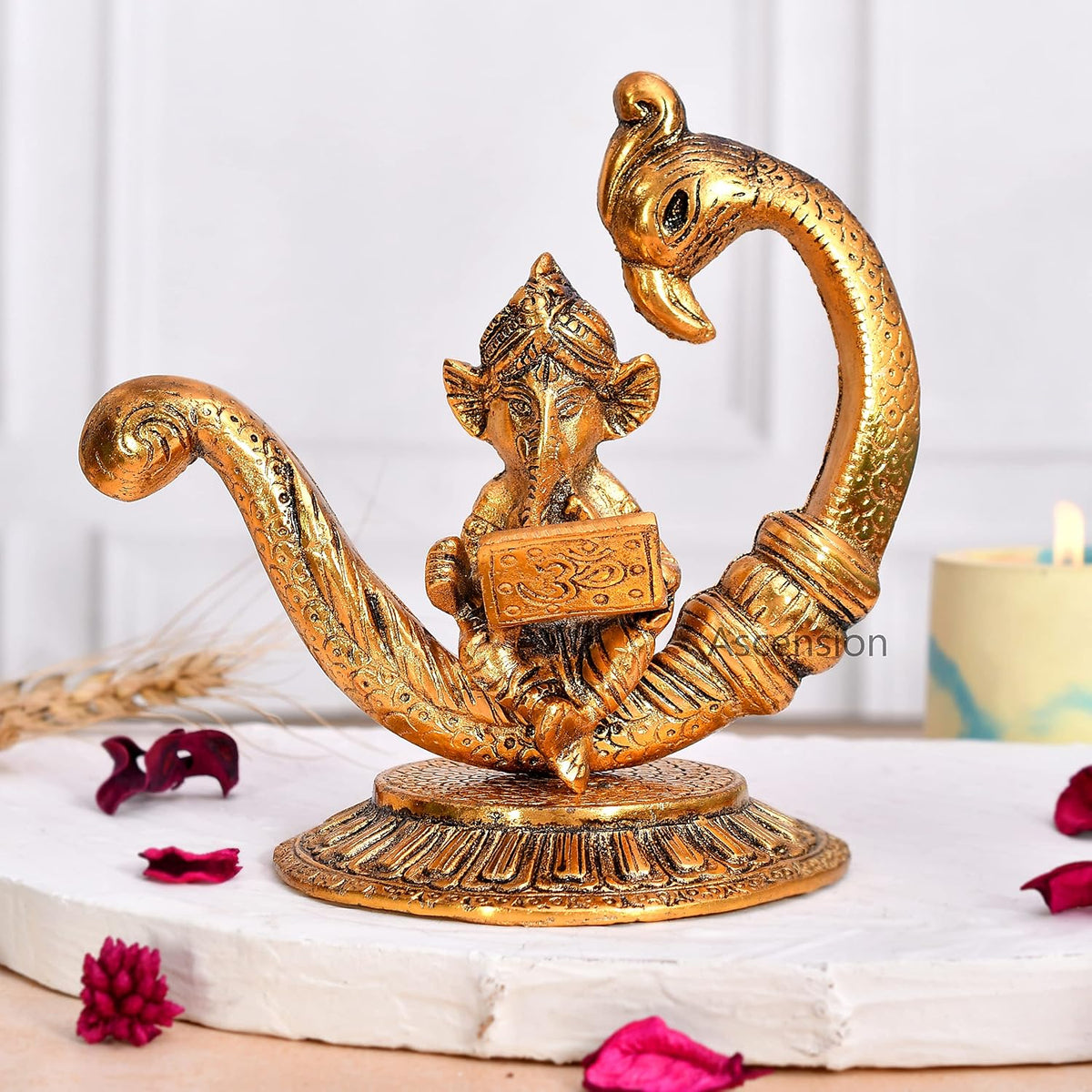 Ganesha Reading Book Sitting on Peacock Statue Ganesh Murti Religious Showpiece Ganesh Idol Sculpture for Home Decor Table Office Temple Diwali Pooja Ganesh Ji for Home Decoration