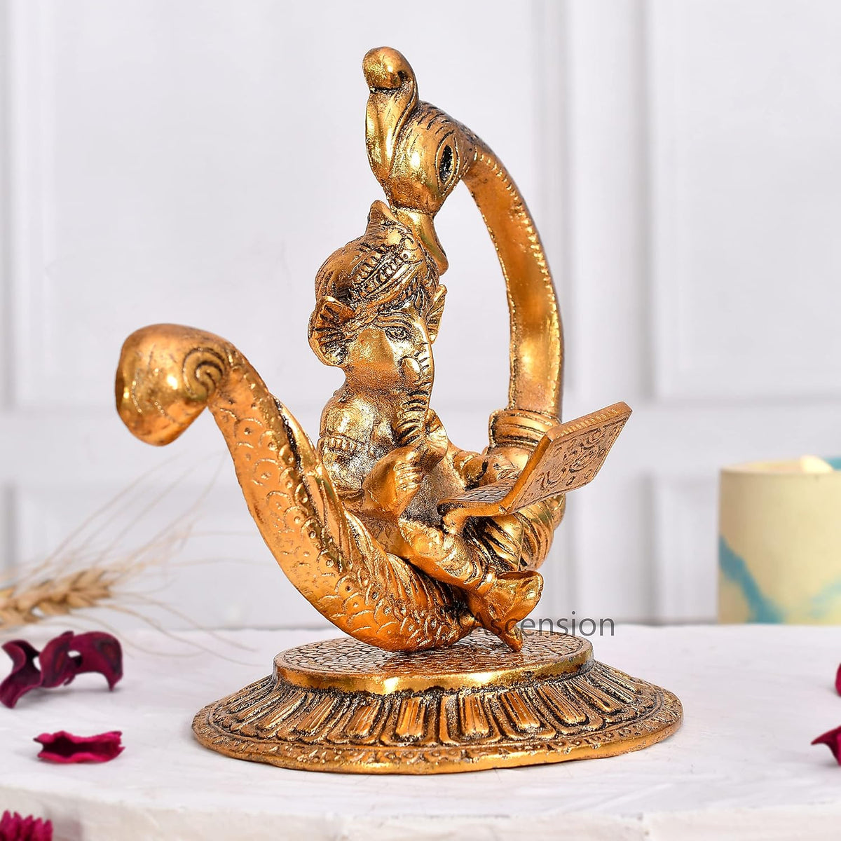 Ganesha Reading Book Sitting on Peacock Statue Ganesh Murti Religious Showpiece Ganesh Idol Sculpture for Home Decor Table Office Temple Diwali Pooja Ganesh Ji for Home Decoration