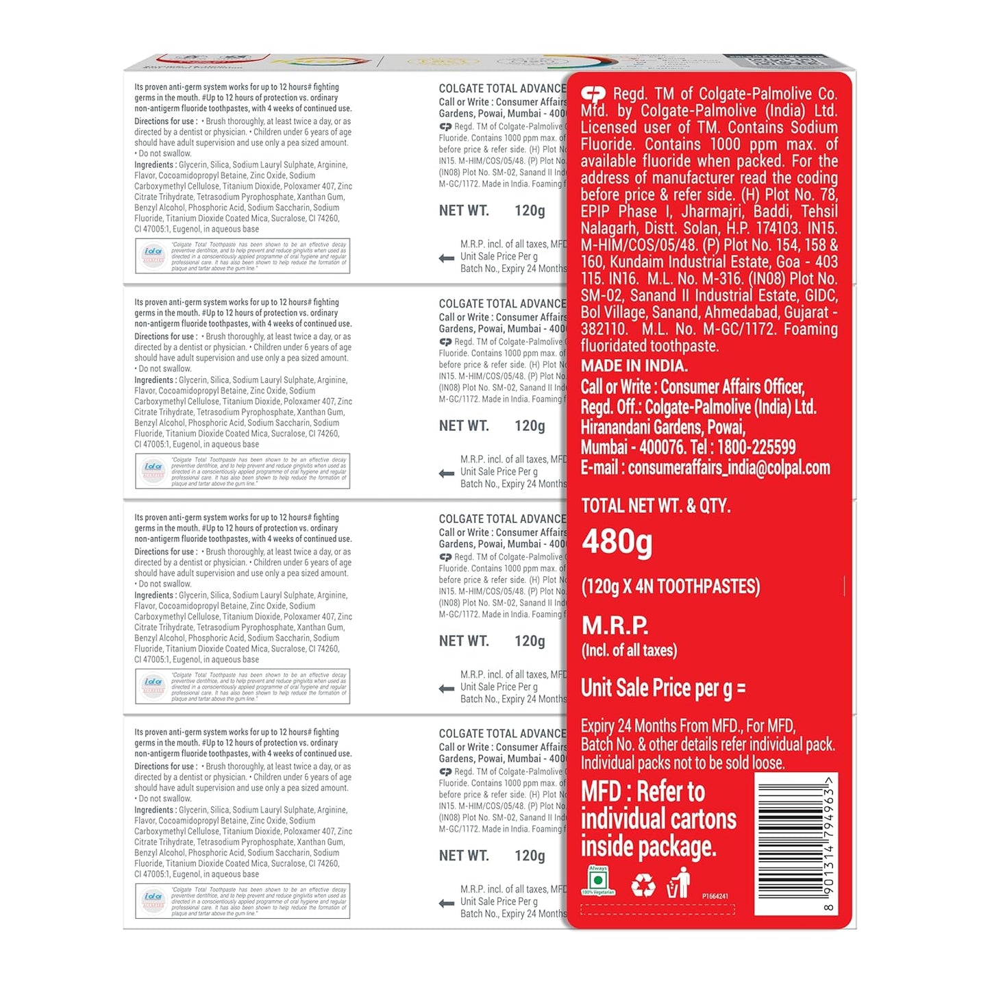 Colgate Total Advanced Health Anti-germ Toothpaste, 480g, Tooth Paste with 12-Hour Anti-Germ Protection, Whole Mouth Health (Combo Pack Offer) (Pack of 2)