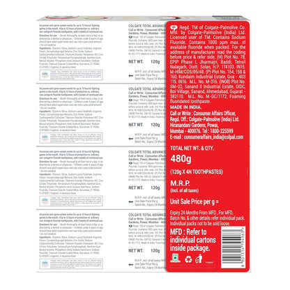 Colgate Total Advanced Health Anti-germ Toothpaste, 480g, Tooth Paste with 12-Hour Anti-Germ Protection, Whole Mouth Health (Combo Pack Offer) (Pack of 2)