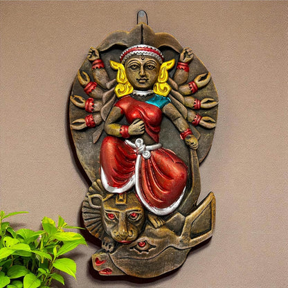 Maa Durga Terracotta Wall Hanging Idol Murti | Mahisasur Mardini Sherawali Devi MATA Wall Art Decor for Home, Temple, Mandir & Office Decor | Spiritual Gifts (24x15 CM)