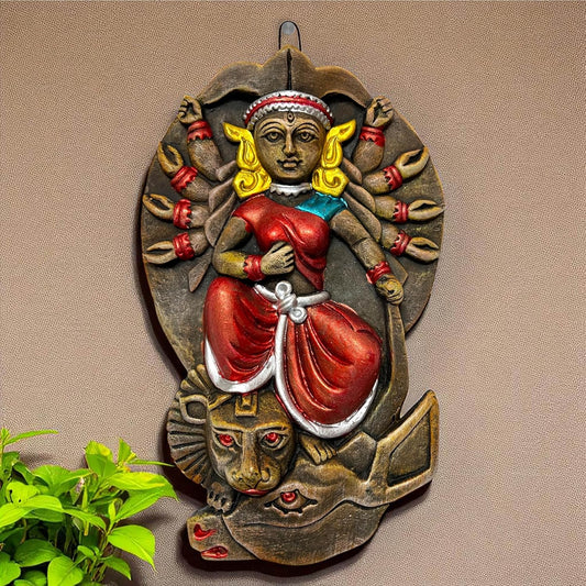 Maa Durga Terracotta Wall Hanging Idol Murti | Mahisasur Mardini Sherawali Devi MATA Wall Art Decor for Home, Temple, Mandir & Office Decor | Spiritual Gifts (24x15 CM)