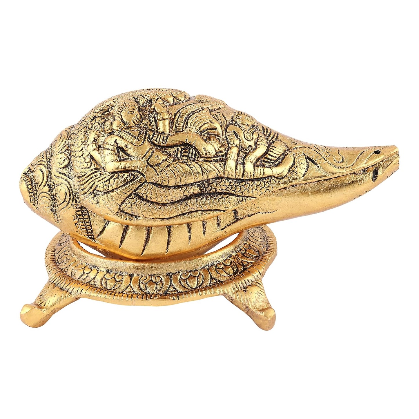 Kalakriti Lord Vishnu Laxmiji and SheshNaag Carving Antique Brass Finish Gold Plated Shankh Showpiece with Stand| Conch for Temple| Vastu Decorative Items Sankh for Home |Religious Diwali Gift 1 pc
