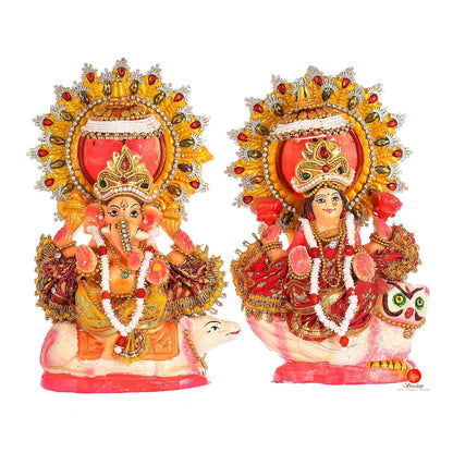 Terracotta Goddess Lakshmi and Lord Ganesh Idol/Statue/Murti Decorative Showpiece, Ganesha Laxmi Mitti Figurine for Puja(Pattern 03)