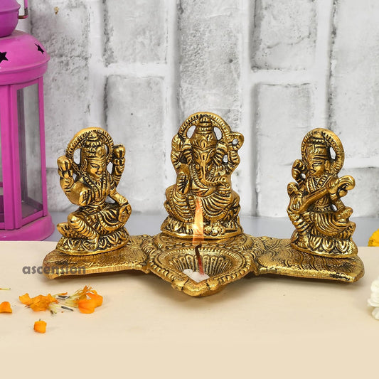 Laxmi Ganesh Saraswati Idol Showpiece Metal Statue with Diya Decoration Pooja Showpiece Sitting Idol Blessing Ganpati Sculpture for Home Diwali Puja Home Decor Festival Gifts
