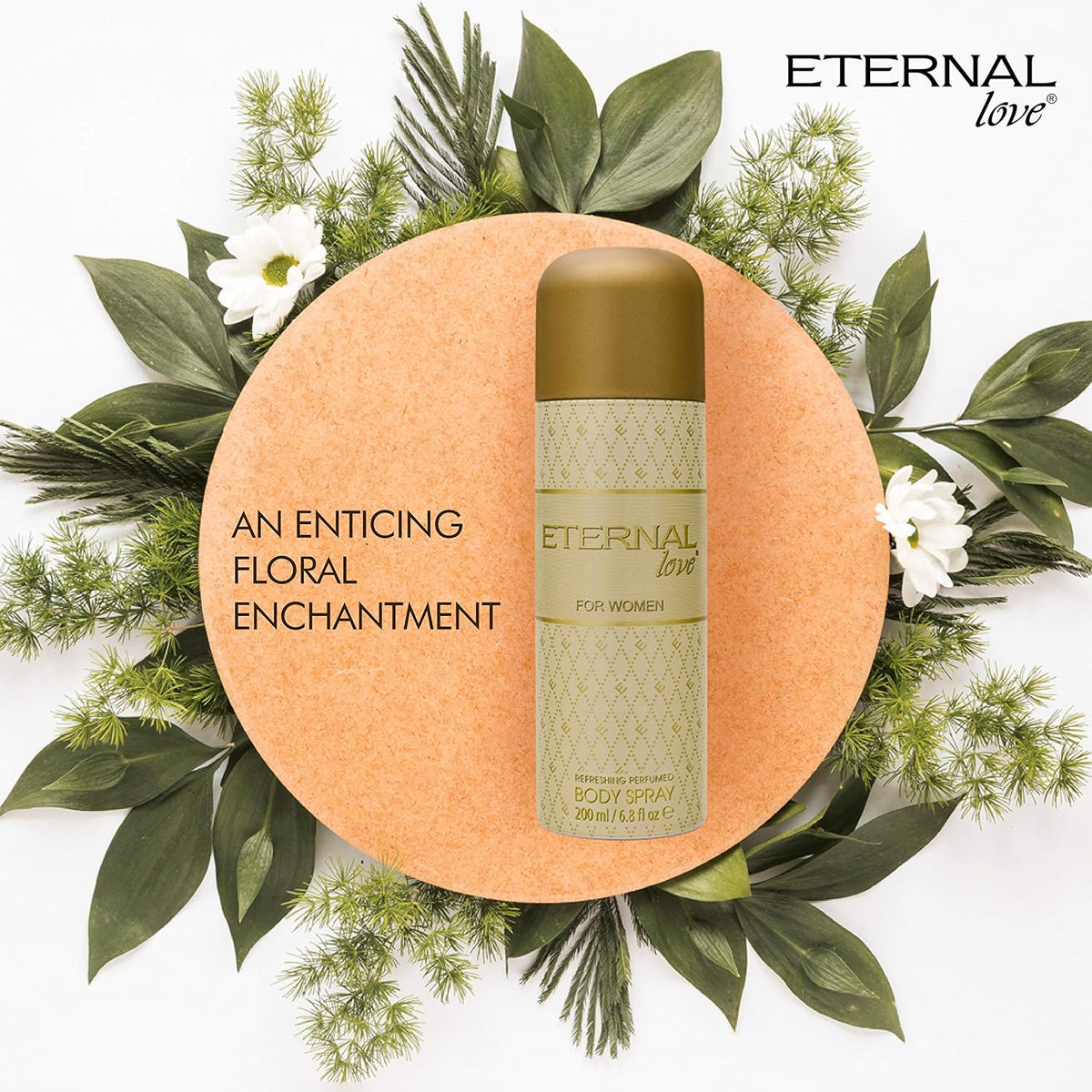 Body spray bottle labeled 'Eternal Love' surrounded by green leaves and flowers on a white background.