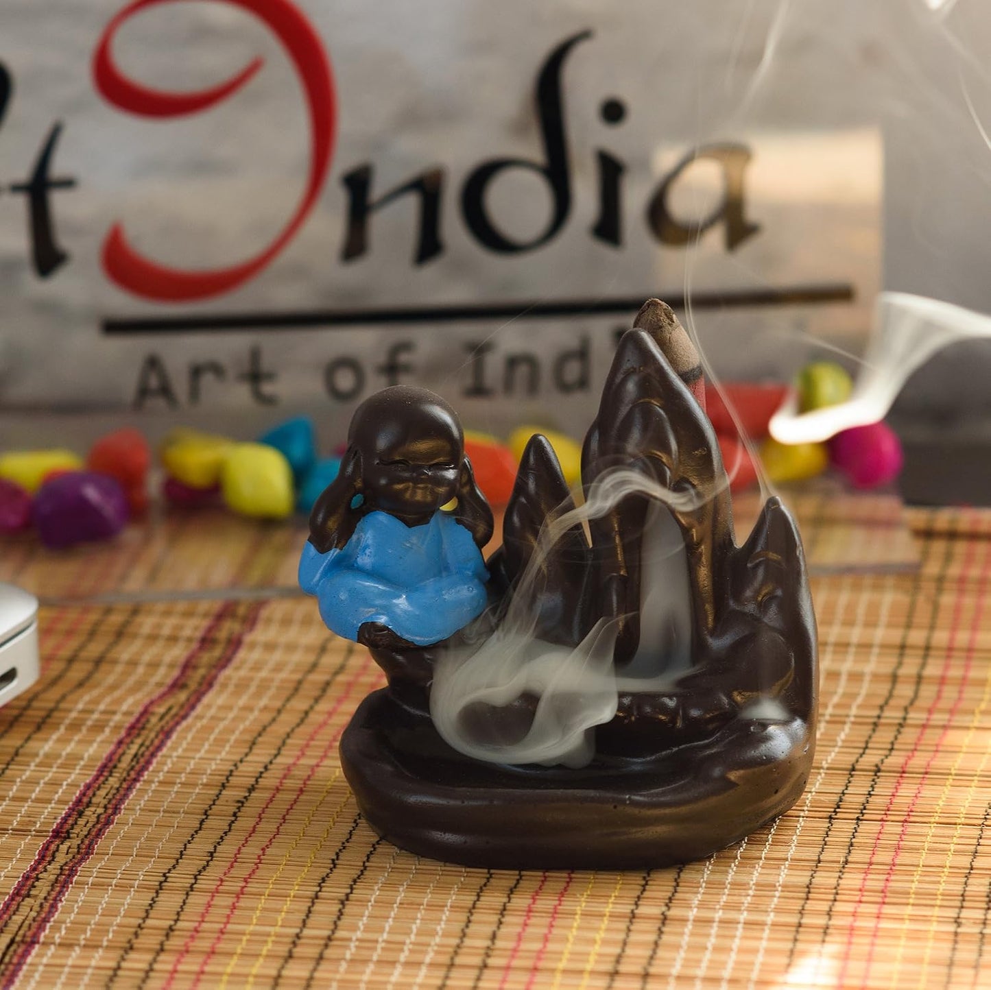 eCraftIndia Meditating Monk Buddha Smoke Fountain with 10 Backflow Cone Decorative Incense Holder, Brown, Blue