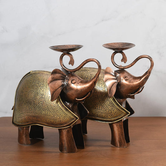 Lamcy Plaza Elephant Tealight Candle Holder Set of 2 | Antique Metal Gold Finish | Festive Home Decor for Living Room, Office, Table & Shelf | Housewarming Wedding Festive Gifting Home Accessories