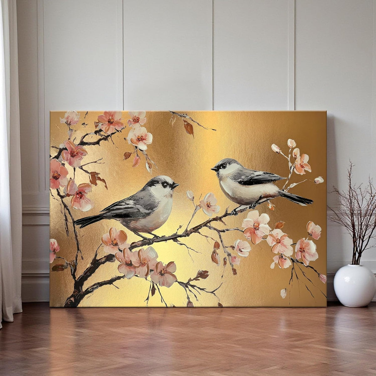 Stretched Canvas Glitter Gold Foil 3D Bird on Cherry Blossom Branch Painting, Stretched Canvas Textured Floral Bird Artwork Hand-Painted, Gold Asian Style Giclée Painting, 61x91 cm