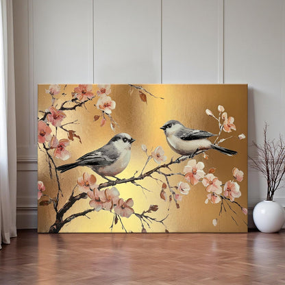 Stretched Canvas Glitter Gold Foil 3D Bird on Cherry Blossom Branch Painting, Stretched Canvas Textured Floral Bird Artwork Hand-Painted, Gold Asian Style Giclée Painting, 61x91 cm