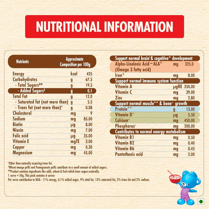 CEREGROW Multigrain Cereal with Milk & Fruits, NO Refined Sugar, from 2-6 Years, with Iron, Protein, Calcium, Omega 3, Instant Cereal, 300g, Bag-in-Box Pack