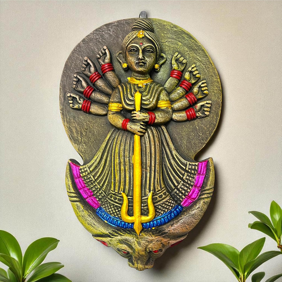 Maa Durga Terracotta Wall Hanging Idol Murti | Mahisasur Mardini Sherawali Devi MATA Wall Art Decor for Home, Temple, Mandir & Office Decor | Spiritual Gifts (27x18 CM)