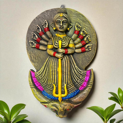 Maa Durga Terracotta Wall Hanging Idol Murti | Mahisasur Mardini Sherawali Devi MATA Wall Art Decor for Home, Temple, Mandir & Office Decor | Spiritual Gifts (27x18 CM)
