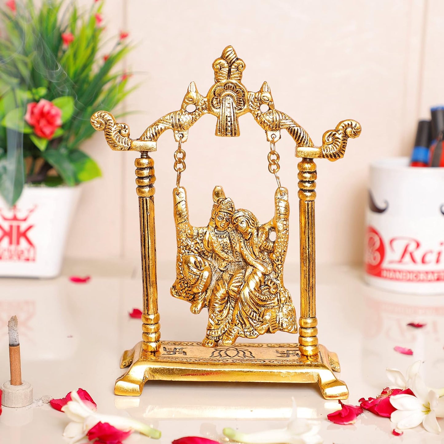 KridayKraft Radha Krishna on Swing jhula Metal Statue Gold Plated Decor Your Home,Office & Radha Krishna Murti,Showpiece Figurines,Religious Article...