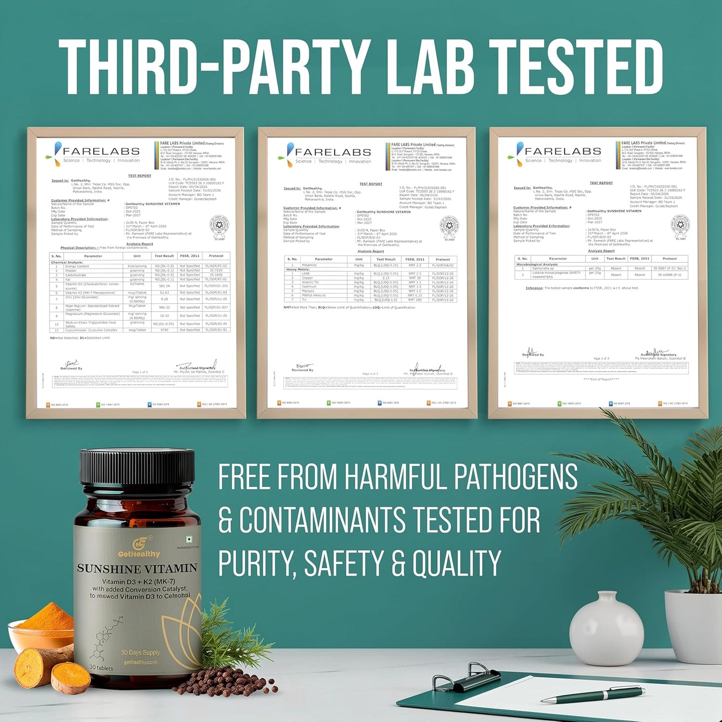 Sunshine Vitamin bottle with lab test certificates on a teal background