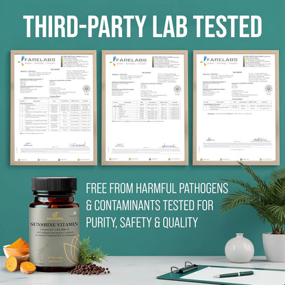 Sunshine Vitamin bottle with lab test certificates on a teal background
