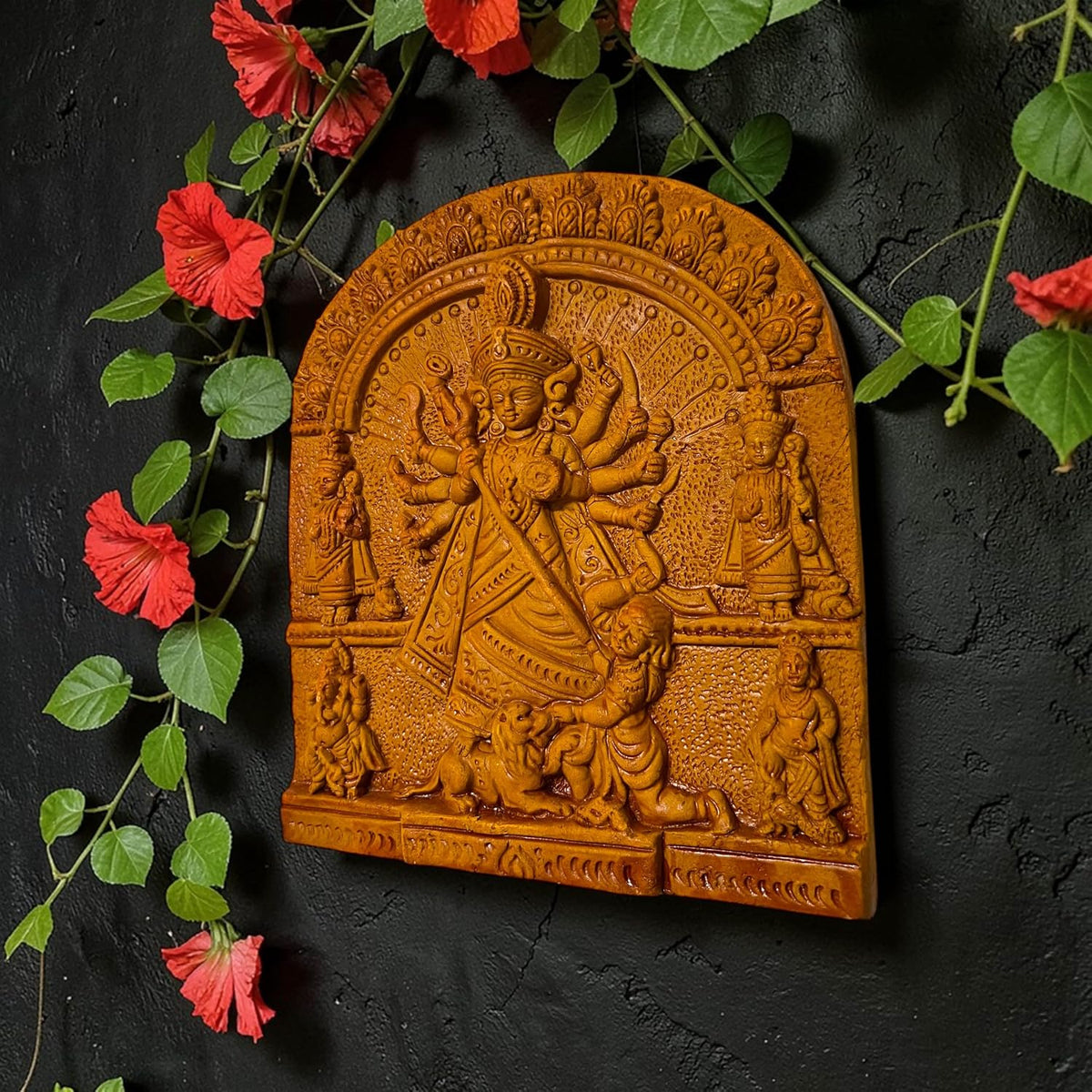 Maa Durga Parivar Terracotta Wall Hanging Murti Idol | Sherawali Devi MATA Spiritual Wall Hanging Decor for Mandir, Home & Office Decoration | Spiritual Gift (22 x 21 CM)
