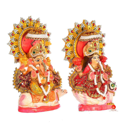 Terracotta Goddess Lakshmi and Lord Ganesh Idol/Statue/Murti Decorative Showpiece, Ganesha Laxmi Mitti Figurine for Puja(Pattern 03)