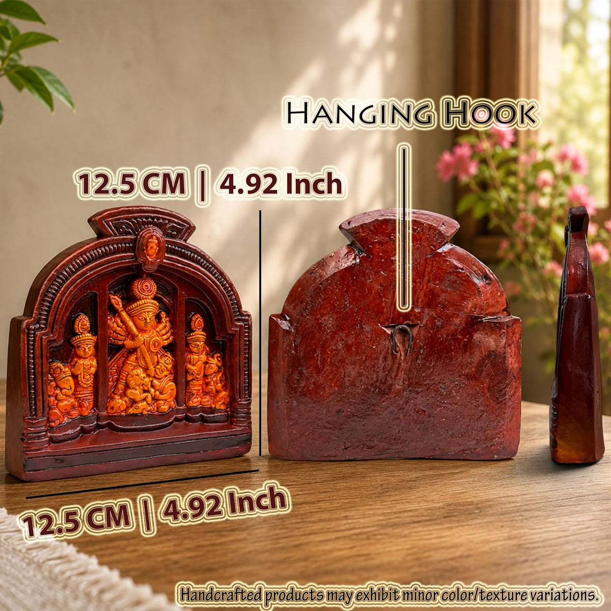 Maa Durga Murti Terracotta Idol | Sherawali Devi MATA Wall Hanging & Table Top Decor | Hand-Painted Durga Idol for Temple, Mandir, Home, Office Decoration & Gifting (12.5x12.5 CM)