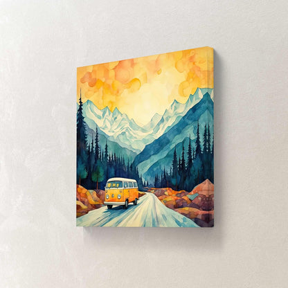 Mountain Landscape Canvas Wall Art, Yellow VW Van Print, Watercolour Nature Scene 16 Inch x 16 Inch CVS-38115