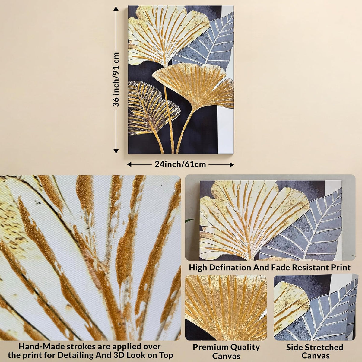 Abstract Stretched Canvas Paintings Gold Ginkgo Leaf Wall Art 3D Textured Abstract Botanical Canvas Painting Wall Décor Hand Painted Art Painting for Modern Home Decor 61x 91cm