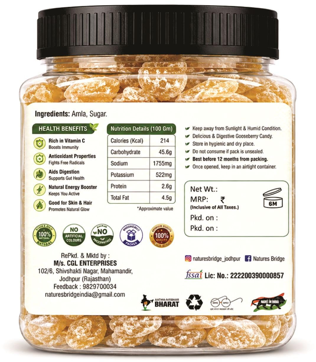 Nature's Bridge Natural Dried Sweet Amla Candy 900 GM | Dry Amla Candy | Indian Gooseberries | Dried Amla