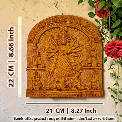 Maa Durga Parivar Terracotta Wall Hanging Murti Idol | Sherawali Devi MATA Spiritual Wall Hanging Decor for Mandir, Home & Office Decoration | Spiritual Gift (22 x 21 CM)