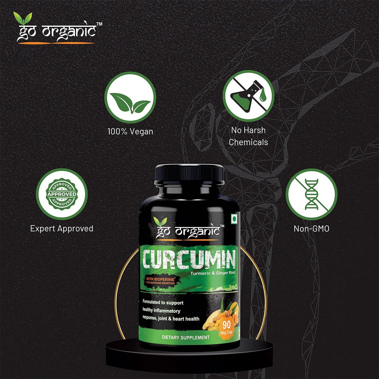 Go Organic Turmeric Curcumin 90 Veg Caps | Plant-Based Joint Support Supplement with BioPerine & Ginger | Potent Antioxidants for Healthy Inflammation, Joint Comfort & Lasting Structural Resilience