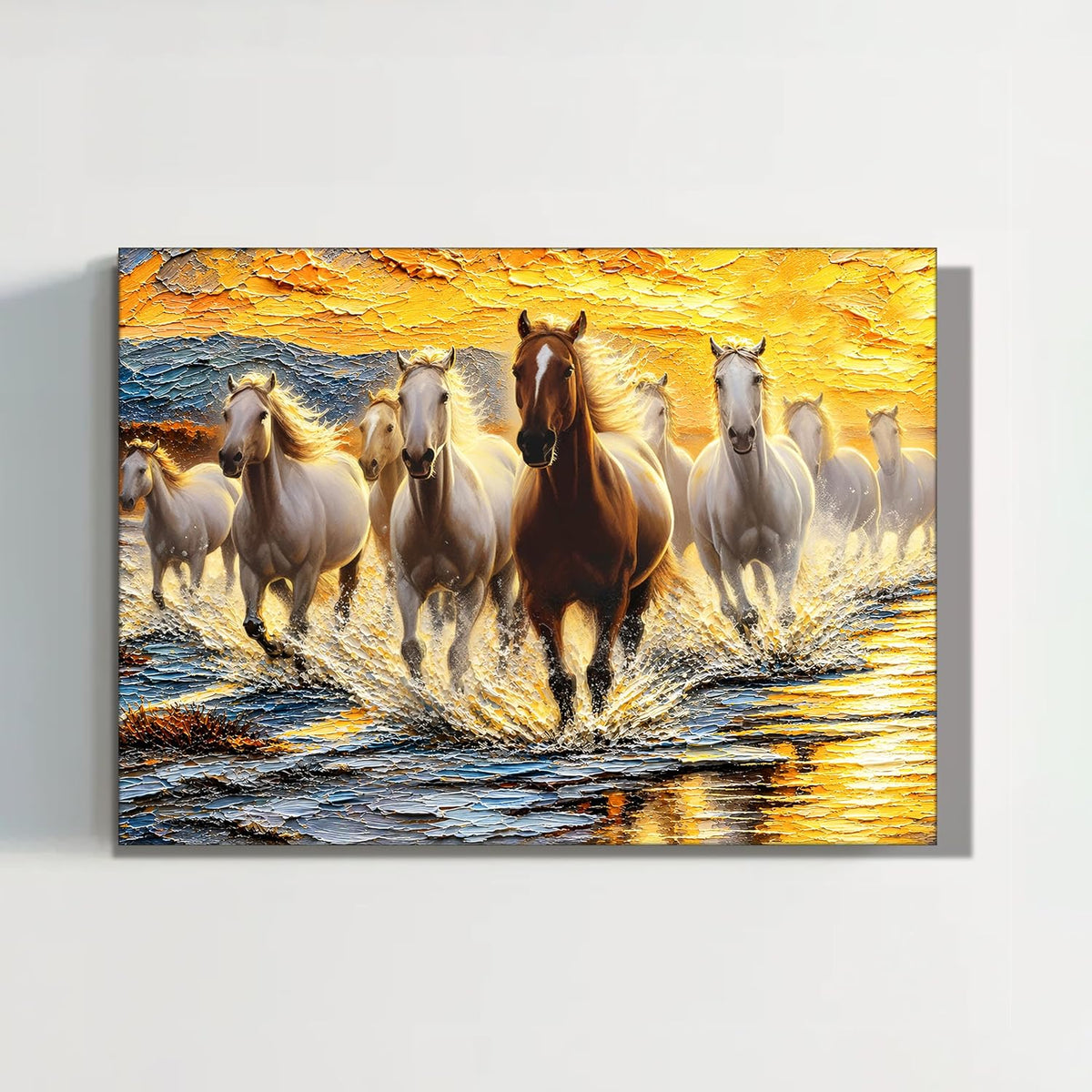 9 Running Horses Wall Art Painting For Living Room | Nine Horse Vastu Stretched Canvas Painting for Wall Decoration Items For Bedroom and Home, 16x22 Inch
