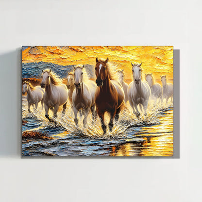 9 Running Horses Wall Art Painting For Living Room | Nine Horse Vastu Stretched Canvas Painting for Wall Decoration Items For Bedroom and Home, 16x22 Inch