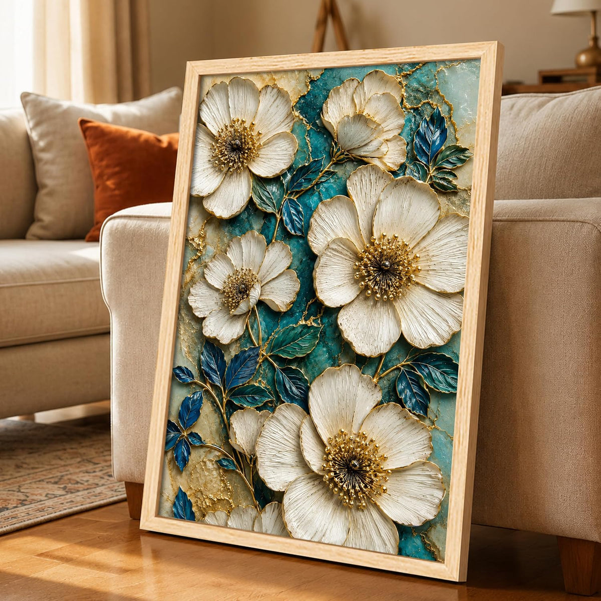 Modern Abstract 3D Textured Floral Painting for Living Room, Teal & Gold Blooming Flower Motifs Rectangular Shape Framed Wall Painting for Home Decor (Size: 8x12 Inch)