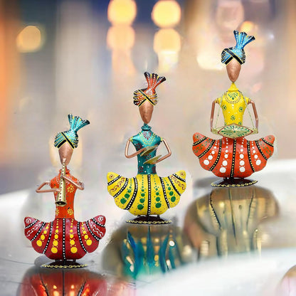 Metal Figurines for Home Decor, Traditional Rajasthani Musicians Pack of 3 Statues Home Decor Items for Living Room, Indoors (Gold Musicians)
