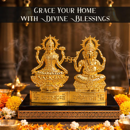 Ganesh Lakshmi Metal Idol Ganesh and Laxmi Murti for Mandir, Pooja Room, Ganesha Statue Diwali Decoration for Home Diwali Gifts, for Family and Friends, 11x11 CM