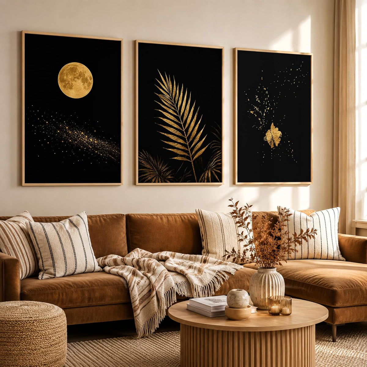 Set of 3 Moon & Golden Palm Leaf Wall Art Paintings for Living Room | Modern Luxury Black Gold Wall Decor | Framed Wall Paintings for Bedroom, Hall, Office & Home Decoration (13x19 Inches)