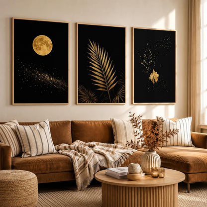Set of 3 Moon & Golden Palm Leaf Wall Art Paintings for Living Room | Modern Luxury Black Gold Wall Decor | Framed Wall Paintings for Bedroom, Hall, Office & Home Decoration (13x19 Inches)