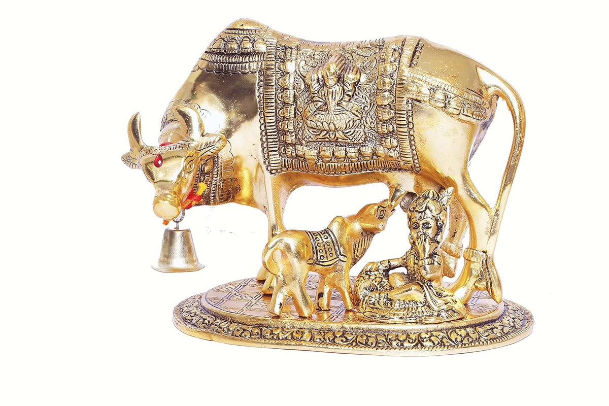 KridayKraft Kamdhenu Cow,Calf with Bal Gopal Krishna Metal Statue for Good Luck,Feng Shui As Table Top Figurine,Vastu,Religious Gau MATA Idol Home,Office&Table