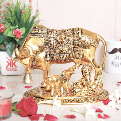 KridayKraft Kamdhenu Cow,Calf with Bal Gopal Krishna Metal Statue for Good Luck,Feng Shui As Table Top Figurine,Vastu,Religious Gau MATA Idol Home,Office&Table