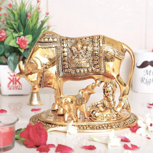 KridayKraft Kamdhenu Cow,Calf with Bal Gopal Krishna Metal Statue for Good Luck,Feng Shui As Table Top Figurine,Vastu,Religious Gau MATA Idol Home,Office&Table