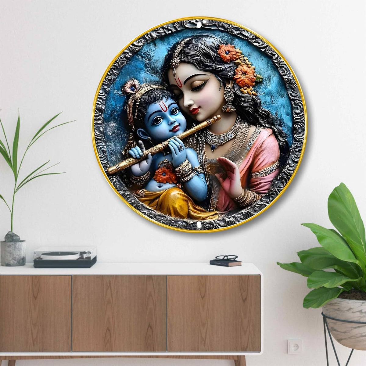 Radha Krishna Round Wall Art | 3D Embossed Divine MDF Panel | Artistic Spiritual Wall Decor for Home, Living Room, Temple & Office | Premium Finish with Golden Rim Frame 12 Inch x 12 Inch