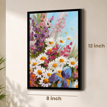 White Sunflowers Floral Framed Wall Art Painting for wall decoration, Multicolour MultiFlowers Painting with frame for living room, bedroom, Home and Office, 9x13 Inch