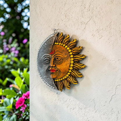 Sun Moon Terracotta Wall Hanging | Hand-Painted Sun & Moon Figurine Spiritual Wall Decor for Main Door Entrance, Home, Office & Vastu Decoration | Spiritual Wall Art (14x14 CM)