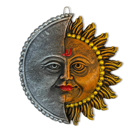 Sun Moon Terracotta Wall Hanging | Hand-Painted Sun & Moon Figurine Spiritual Wall Decor for Main Door Entrance, Home, Office & Vastu Decoration | Spiritual Wall Art (14x14 CM)