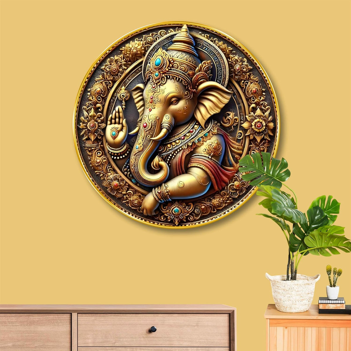 Golden Ganesha Round Wall Art | MDF Panel with Royal Detailing | Lord Ganesh Spiritual Wall Hanging for Home, Temple & Office Decor | Artistic Golden Frame with Premium Finish 23 Inch x 23 Inch