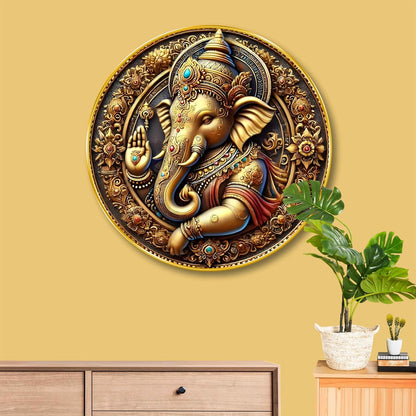 Golden Ganesha Round Wall Art | MDF Panel with Royal Detailing | Lord Ganesh Spiritual Wall Hanging for Home, Temple & Office Decor | Artistic Golden Frame with Premium Finish 23 Inch x 23 Inch