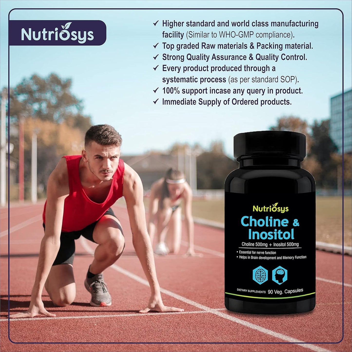 Nutriosys Choline & Inositol 500mg | Brain & Nerve Function | Better Motor Signal | Liver & Heart Health | Lab Tested | 90 Veg Capsules
